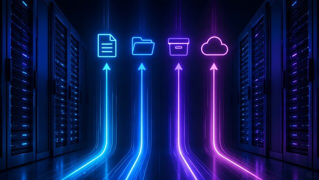 High speed data upload and cloud migration process with glowing neon arrows carrying digital files in server room