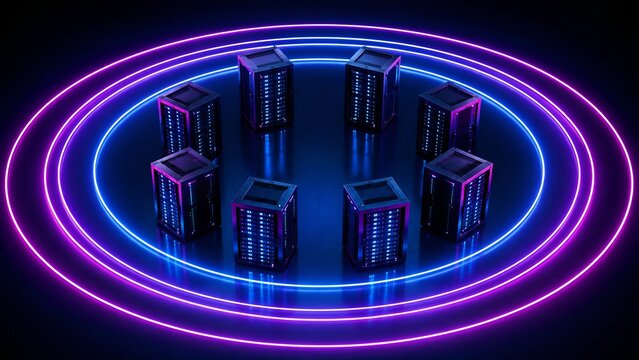 Circular server network configuration surrounded by glowing neon rings representing synchronized data center topology
