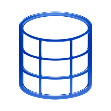 Glossy blue 3d database server grid cylinder with multiple data cells isolated on black background storage