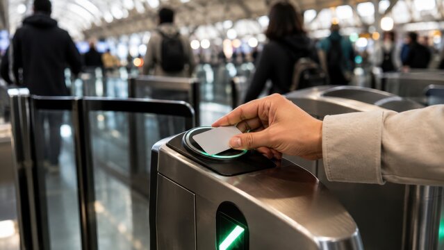Credit card tap contactless payment closeup at subway or train station turnstile gate with hand tapping transit card on NFC reader with green light, commuters in blurred background