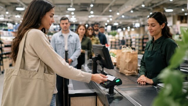 Credit card tap contactless payment closeup at grocery store checkout with woman tapping card on POS terminal, smiling cashier, queue of customers and paper bags in supermarket