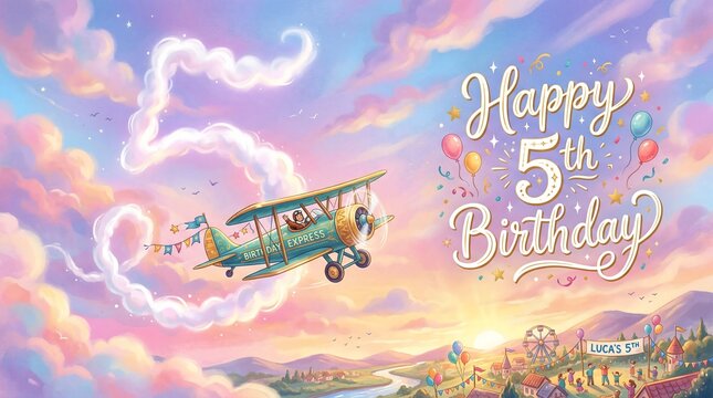 Vintage biplane drawing number five in clouds for fifth birthday celebration