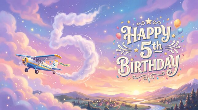 Small airplane drawing cloud number five for fifth birthday at sunset