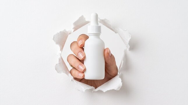 A hand holding a blank white dropper bottle through a torn paper background.