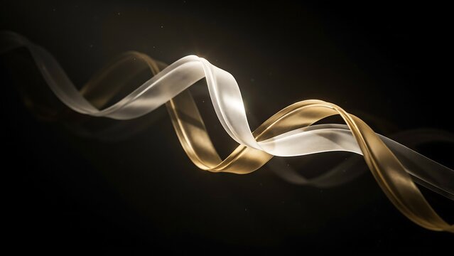 Elegant gold and silver flowing ribbons, luxury abstract silk waves on black background, premium metallic fabric motion