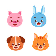 Fototapeta premium A collection of cute happy smiling cartoon animal faces including a pig rabbit dog and cat illustration