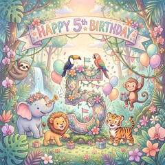 Fototapeta premium Jungle animals celebrating fifth birthday around giant floral number five