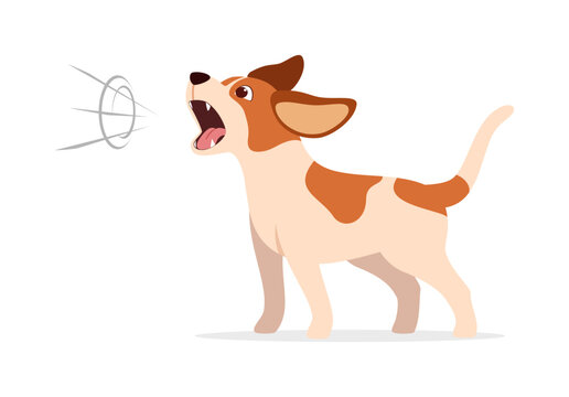 A brown and white dog barking loudly with its mouth open head raised expressing alertness