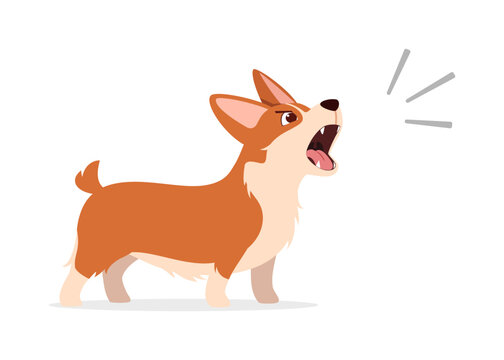 An angry cartoon dog barks loudly with its mouth wide open showing its tongue and teeth in a flat illustration