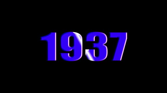Year 1937 Scaling Text Animation with Bevel and Light Sweep Effect on Black Background.