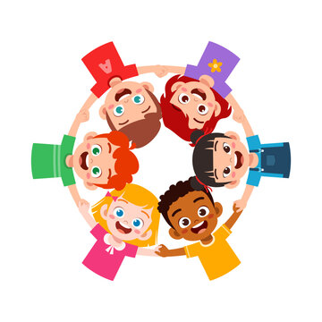 Diverse happy children boys and girls holding hands in a circle showing unity and friendship with big smiles