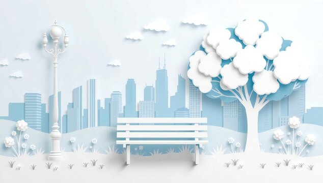 Paper cityscape with bench and tree