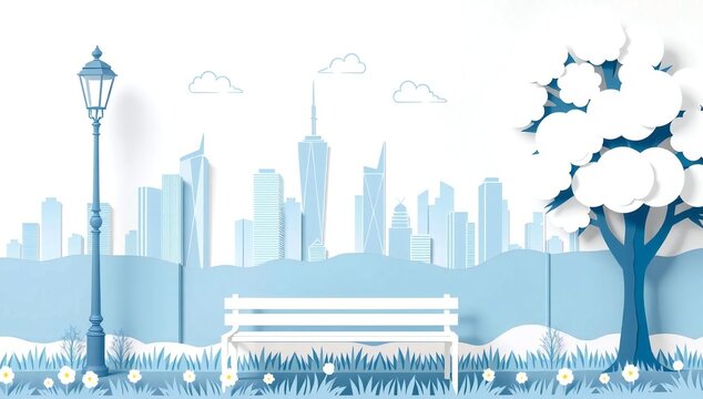 Winter cityscape with bench
