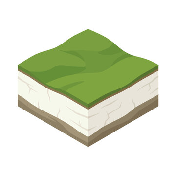 Isometric 3D block with green grass hill, rock layers, and soil profile for map design