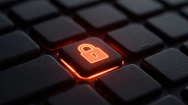 Security and cybersecurity concept with a glowing red padlock on a digital keyboard