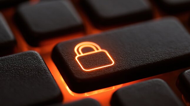 Cybersecurity padlock icon on a computer keyboard for data privacy and security
