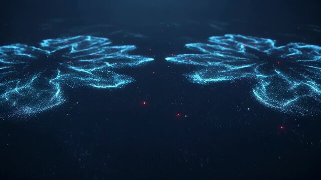 Futuristic Technology Background with Glowing Blue Digital Network Waves, Scattered Red Particles, Abstract Cosmic Light Patterns and Mysterious Vivid Points Across Dark Surface for Modern