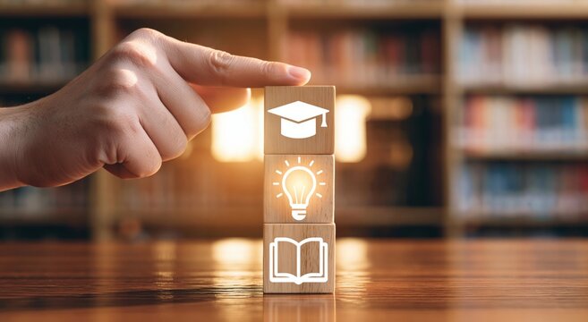 Education and learning with wooden blocks showing graduation wisdom in the library