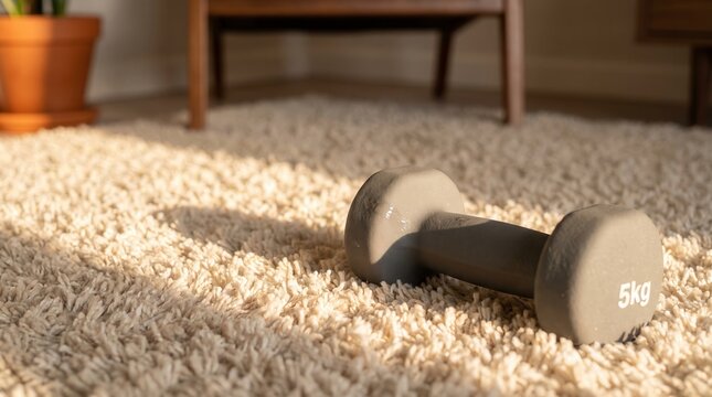 Gray 5kg dumbbell on shaggy rug in sunlit living room with warm morning light for cozy home fitness and wellness marketing, perfect for domestic exercise and healthy lifestyle blogs.