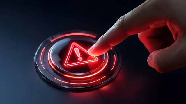 Hand pressing futuristic glowing red warning button on digital interface, emergency stop and cybersecurity alert
