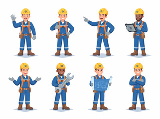 Fototapeta premium Industrial engineer character set with safety gear and construction tools in various poses