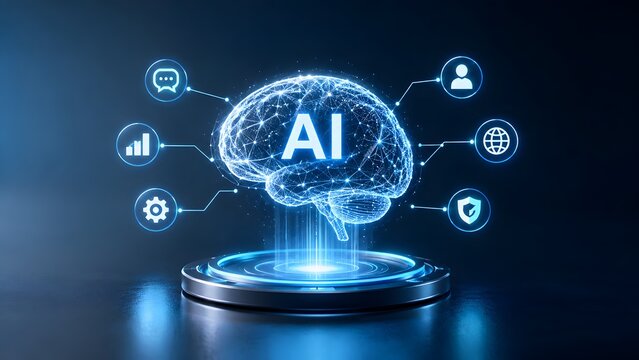 Glowing blue digital brain hologram with AI text on pedestal connected to technology icons for user communication data analytics and cybersecurity in futuristic network.