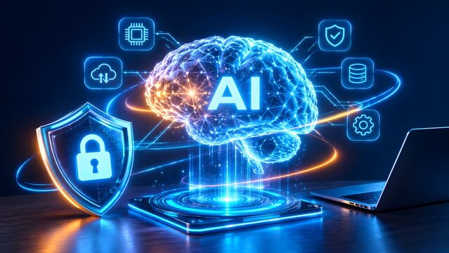 Digital glowing brain hologram with AI text beside a laptop and security shield representing artificial intelligence cybersecurity and secure data management.
