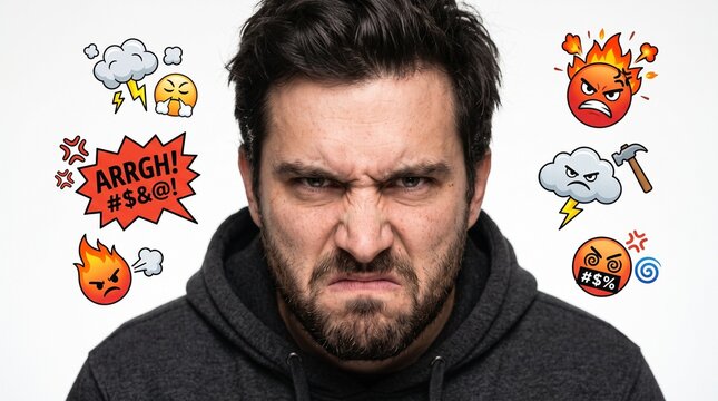 Close-up portrait of an angry man with a frustrated expression, surrounded by various emoji-like illustrations depicting anger, stress, and negative emotions on a white background.