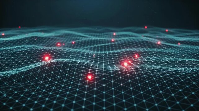 Futuristic technology background with glowing red data points across digital network grid, connected node flows, flowing waves, wireframe landscape, artificial intelligence, innovation, communication