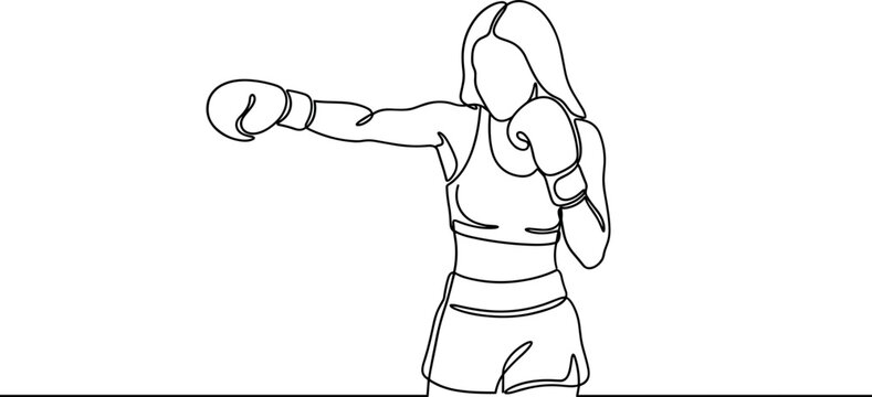 Line drawing illustration of a female boxer throwing a punch.