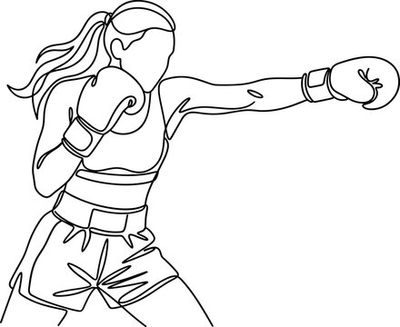 Continuous line drawing of a female boxer throwing a punch.
