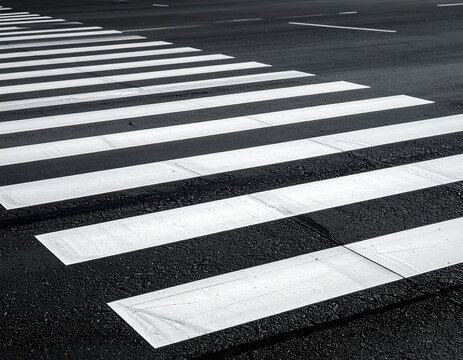 Diagonal view of a white pedestrian crosswalk painted on a dark asphalt road surface