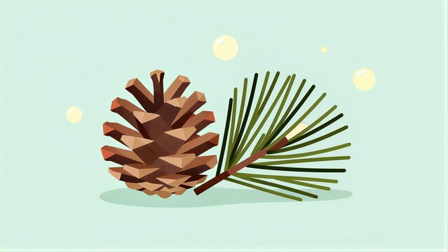 Brown pinecone with green needles and soft yellow circles on mint background.
