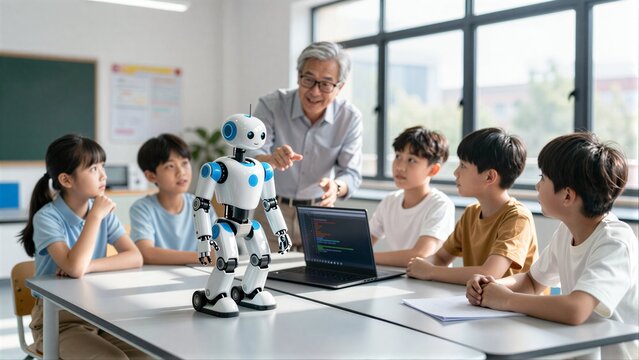 Teacher teaches kids robotics with a small robot in a bright classroom.