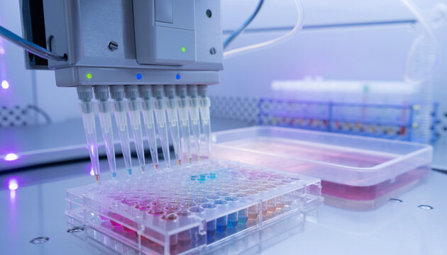 Automated liquid handling robot pipetting colorful reagent samples into microplate in biotech lab
