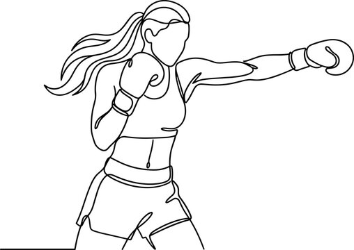 A continuous line art drawing of a female boxer throwing a punch.