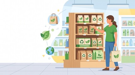 Naklejka premium Shopper choosing sustainable products with eco labels