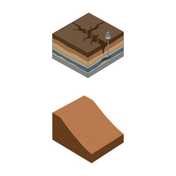 Isometric Geological Cross Sections Showing Earth Strata Layers and Excavated Terrain