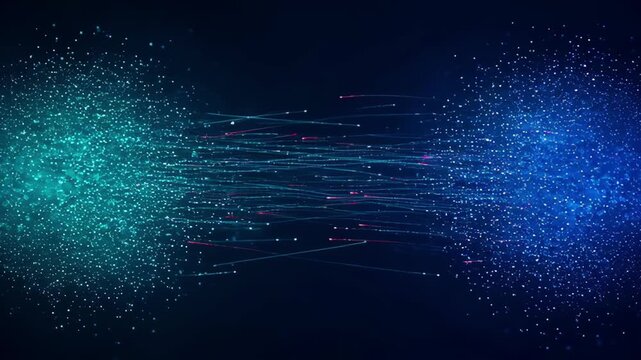 Futuristic Technology Background with Blue Turquoise Digital Particles, Abstract Energy Connection, Flowing Light Trails, Luminous Data Motion and Immersive Network Design for Modern Visuals