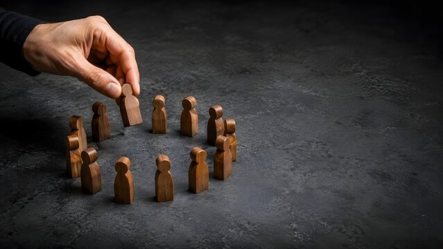 Hand selecting a wooden figure from a circle of people