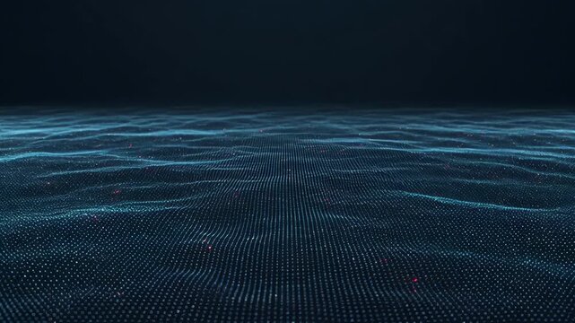 Futuristic technology background featuring dark blue digital landscape, glowing data points, flowing grid wave patterns, subtle magenta accents, immersive abstract cyber space for innovation