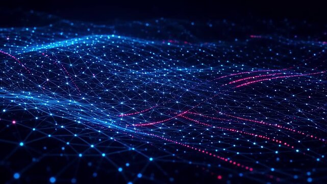 Futuristic technology network with glowing blue magenta data waves, digital connection paths, connectivity background, connected grid, dynamic abstract communication scene for innovation and digital