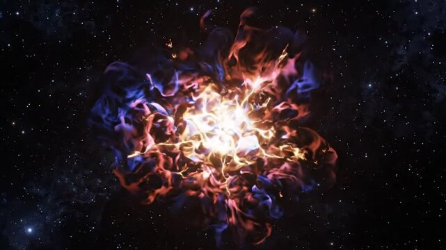 Vibrant blue and orange energy sphere exploding in a deep space star field with glowing particles and celestial nebula