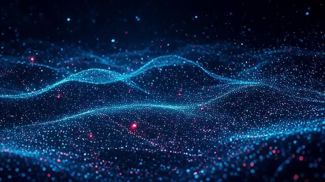 Futuristic Technology Particle Wave Background with Glowing Blue and Pink Digital Light, Abstract Energy Flow, Dynamic Data Landscape, Innovation Network, Motion, Depth, Communication, and Modern