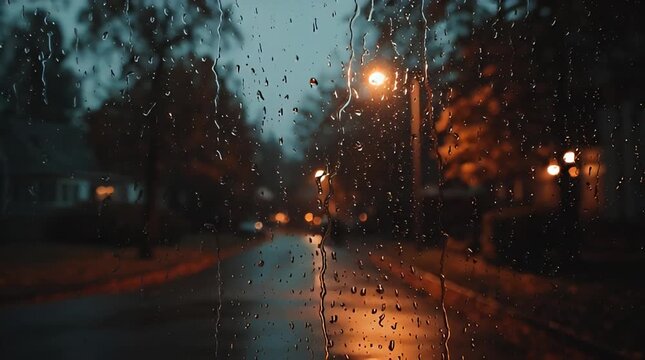 Rainy Evening Street Scene Through Wet Glass - Moody Urban Landscape with Blurred Lights and Water Droplets Reflecting Warmth