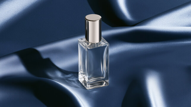 Luxury serum bottle on deep blue satin fabric, navy blue and silver palette , cosmetic for face, hand cream, losion for hair, photo style