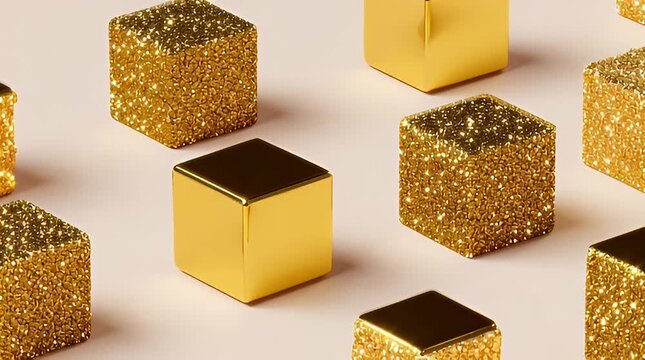 Scattered gold cubes on a blush pink surface create an abstract composition symbolizing luxury innovation and unique perspectives in business and design concepts