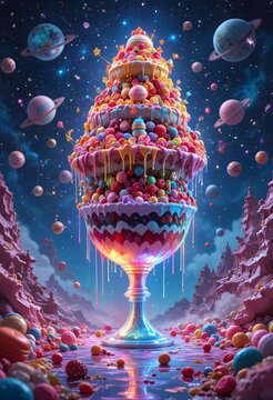 giant fruit ice cream parfait floating in space with planets background