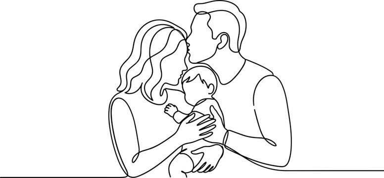 Minimalist one-line art of a happy family with a mother father kissing her forehead and a baby.