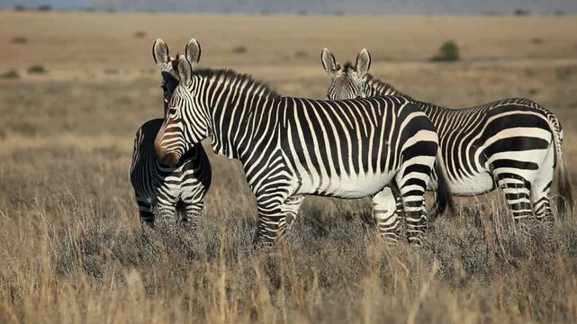 Wild mountain zebras standing together in the african savanna